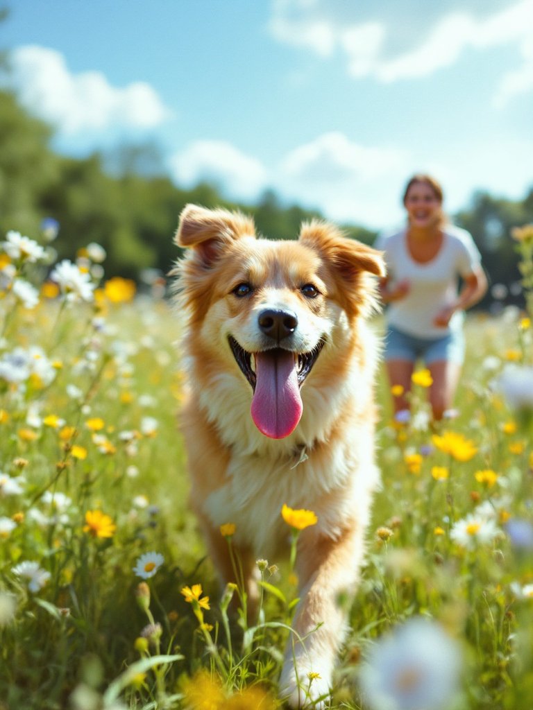Hund rennt über eine sommerliche Blumenwiese, die Halterin lacht im Hintergrund