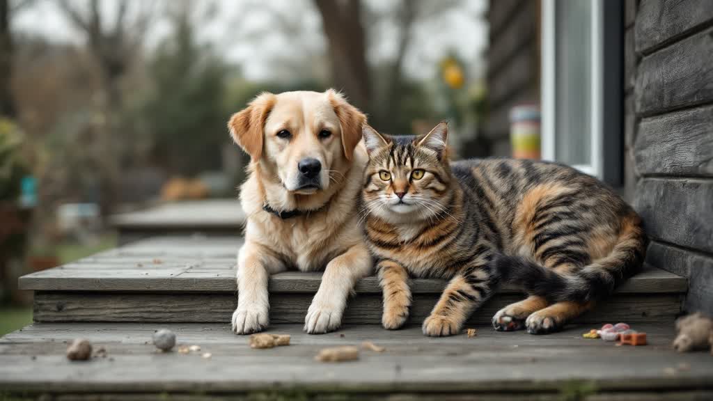 Hellbrauner Hund und getigerte Katze liegen nebeneinander auf einer Holzstufe vor einem Ferienhaus