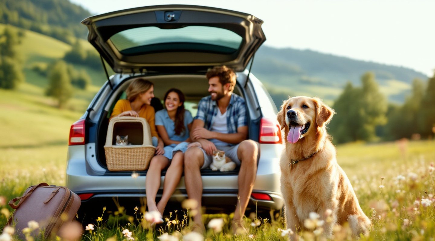 Familie sitzt im offenen Kofferraum, Golden Retriever davor und Katze im Transportkorb