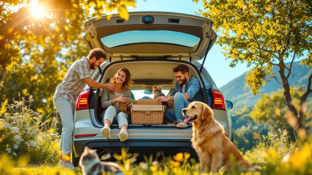 Familie reist mit Hund und Katze in den Urlaub, Koffer und gepacktes Auto vor dem Ferienhaus