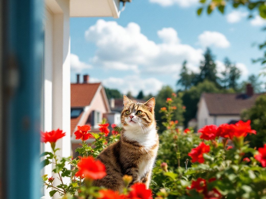 Katze sitzt auf einem mit Netz gesicherten Balkon und schaut nach draußen