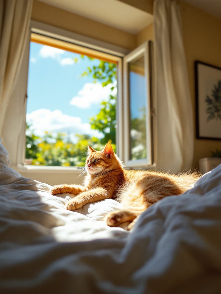 Katze streckt sich im Sonnenfleck auf dem Bett einer Ferienwohnung