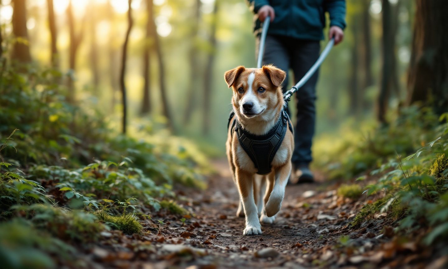 Hund im Geschirr läuft an der Leine auf einem schmalen Waldweg voraus, dahinter die Beine des Wanderers
