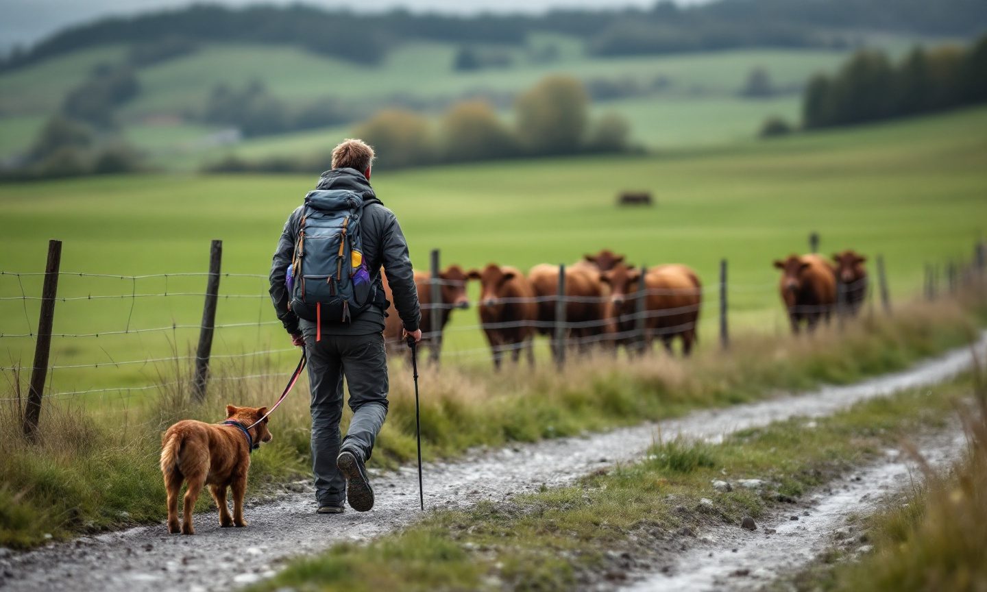 Wanderer mit Hund an der Leine auf einem Schotterweg neben einer eingezäunten Weide mit braunen Kühen