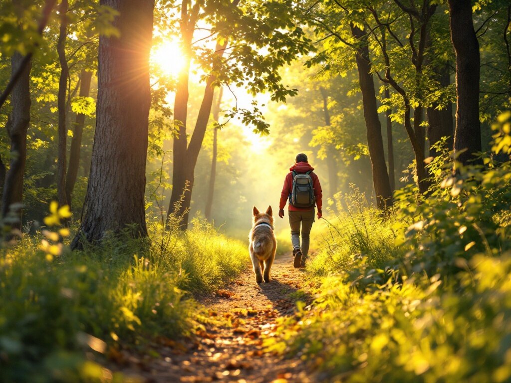 Hund läuft auf einem schattigen Waldweg: Auslauf direkt an der Unterkunft