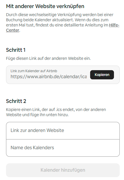 Ansicht „Mit anderer Website verknüpfen“ bei Airbnb: Schritt 1 mit dem Link zum Airbnb-Kalender und dem Knopf „Kopieren“, Schritt 2 mit den Feldern für den fremden Link und den Namen des Kalenders