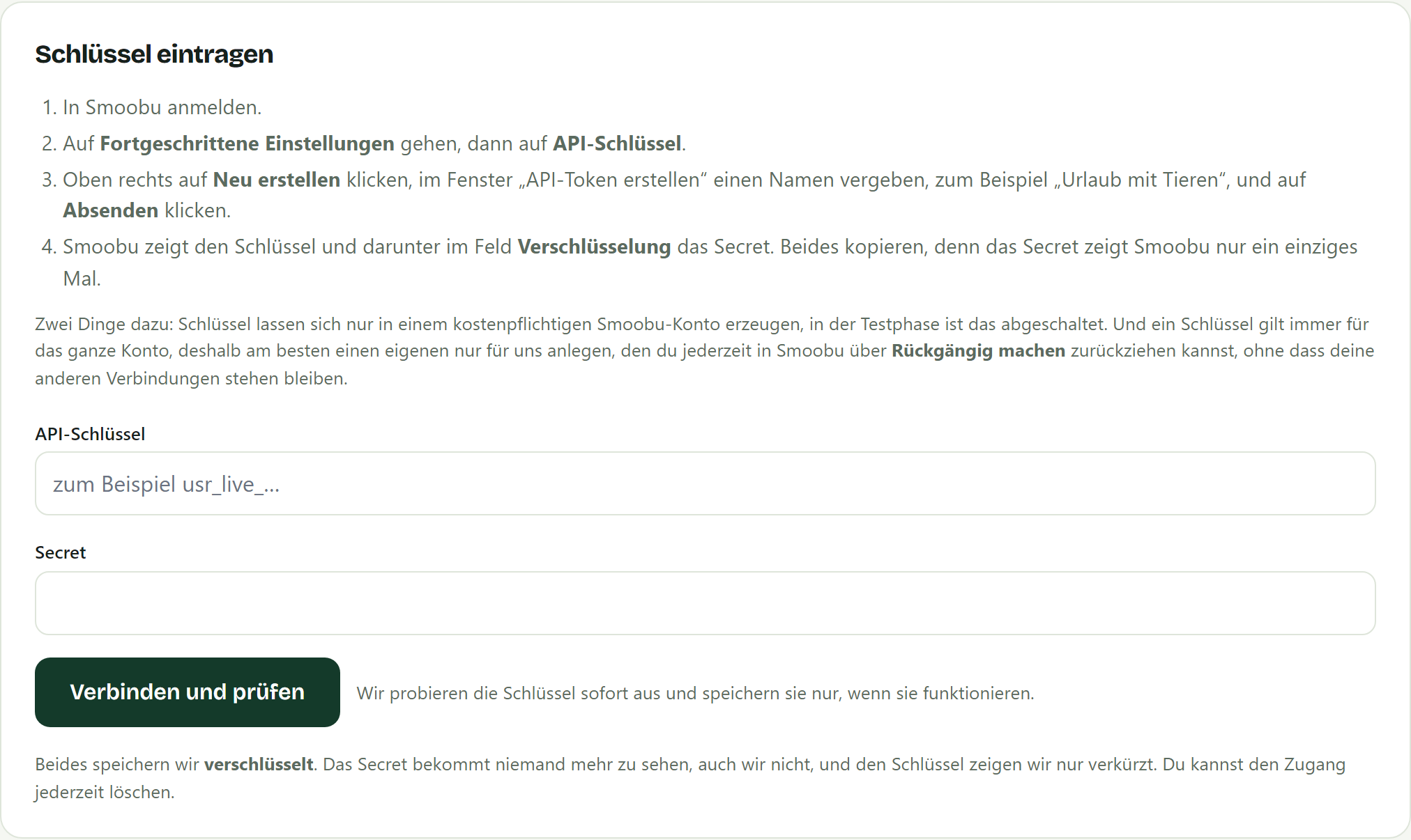 Formular „Schlüssel eintragen“ im Gastgeberbereich von Urlaub mit Tieren, mit den Feldern API-Schlüssel und Secret