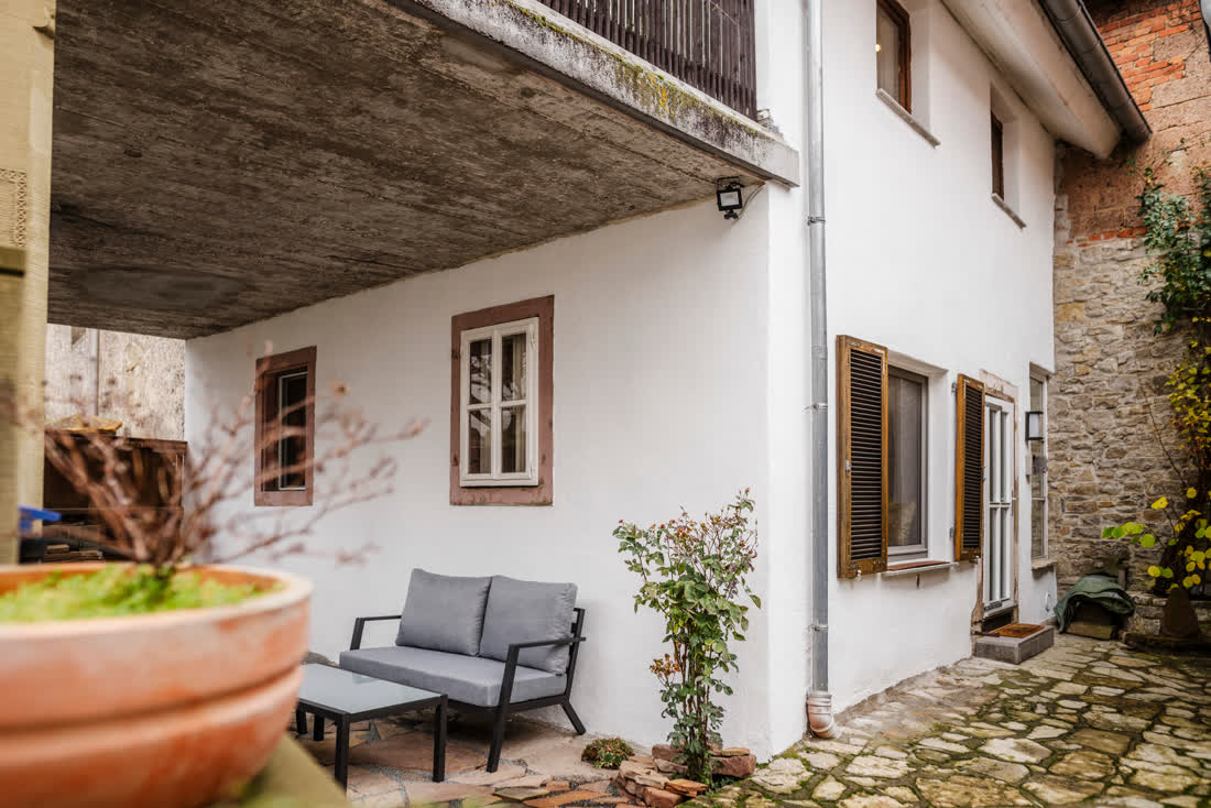 Historische Fachwerkfassade des Ferienhauses zum Goldschmied in Rimpar-Maidbronn