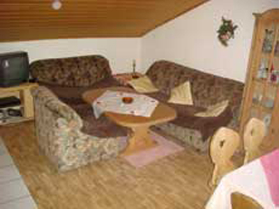 Wohnzimmer mit Couchgarnitur und Fernseher