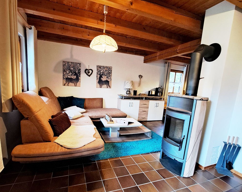 Wohnzimmer mit Holzofen, Ecksofa und türkisfarbenem Teppich