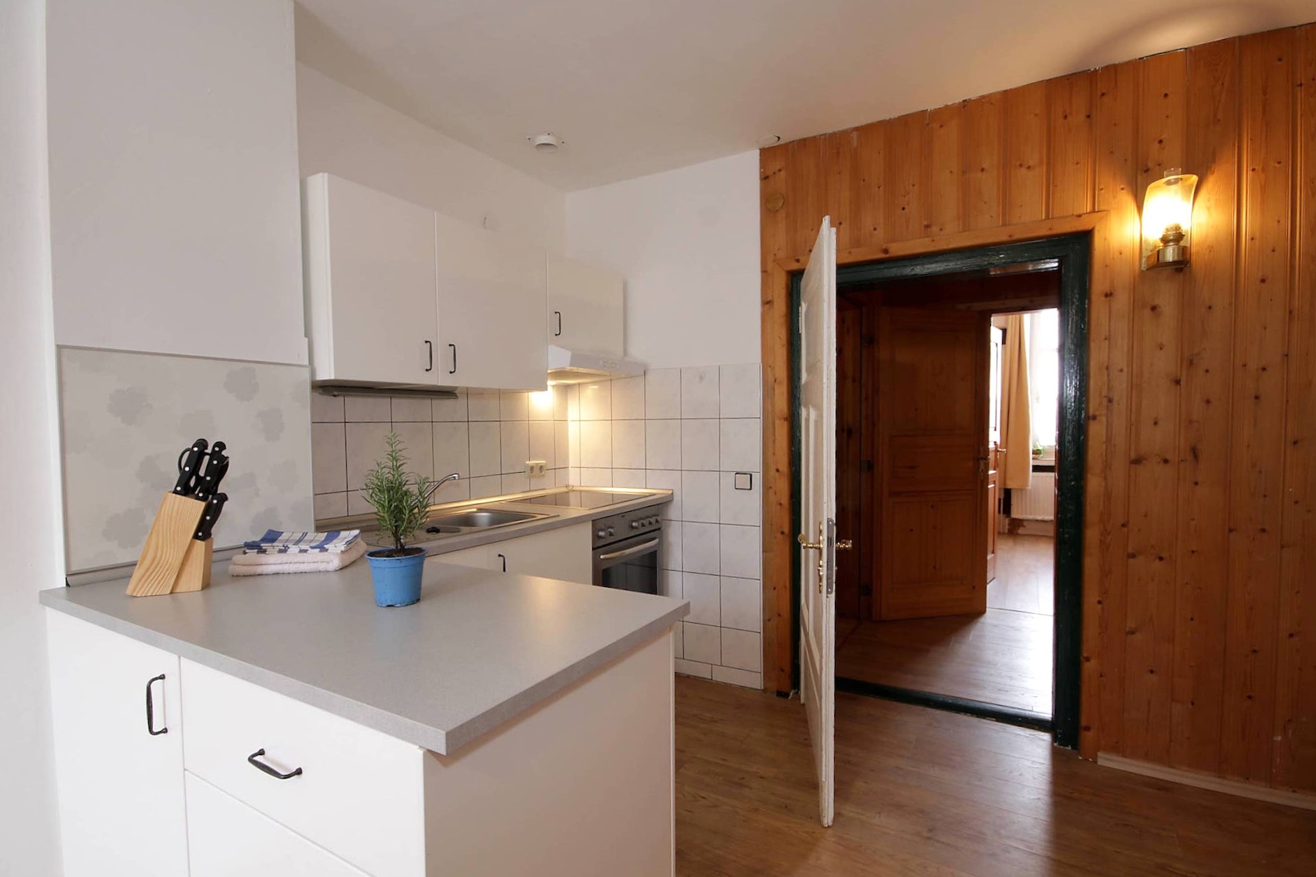 Küchenzeile mit Backofen und Blick in den Flur